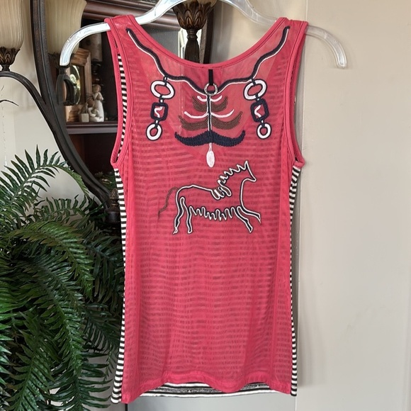 Save The Queen! V-Neck Tank Top Striped Embroidered Horse Beaded Mesh Back Italy - Picture 12 of 14